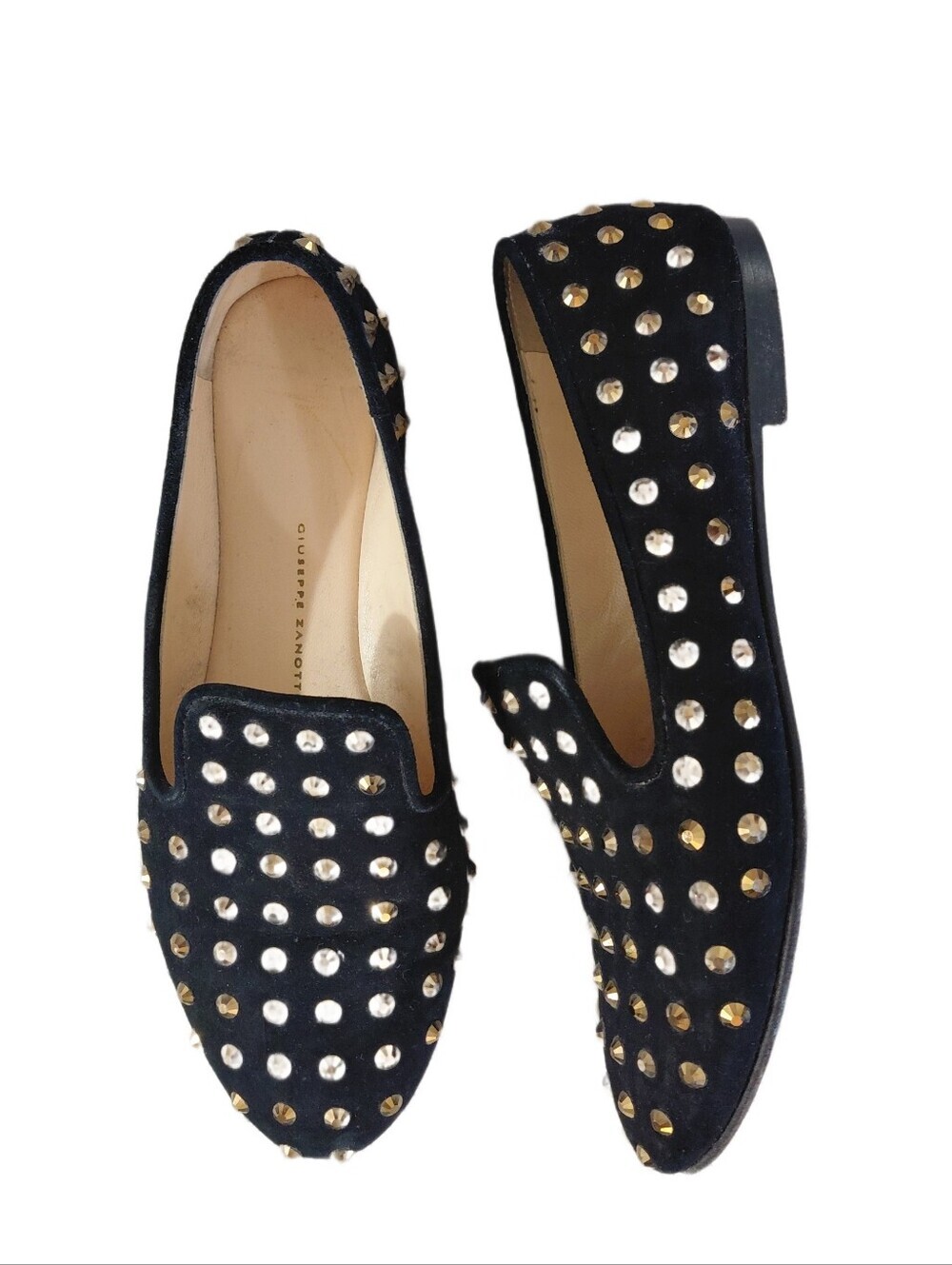 Giuseppe Zanotti Black Suede Gold Crystal Studded Slip-On Loafers Size 6